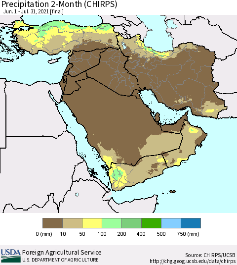 Middle East and Turkey Precipitation 2-Month (CHIRPS) Thematic Map For 6/1/2021 - 7/31/2021