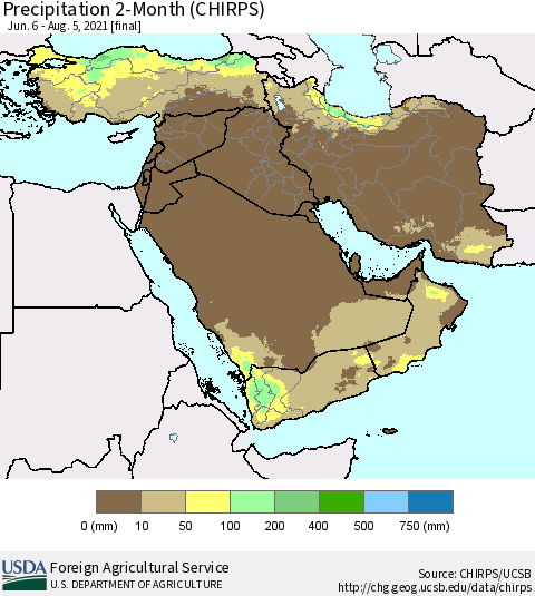 Middle East and Turkey Precipitation 2-Month (CHIRPS) Thematic Map For 6/6/2021 - 8/5/2021