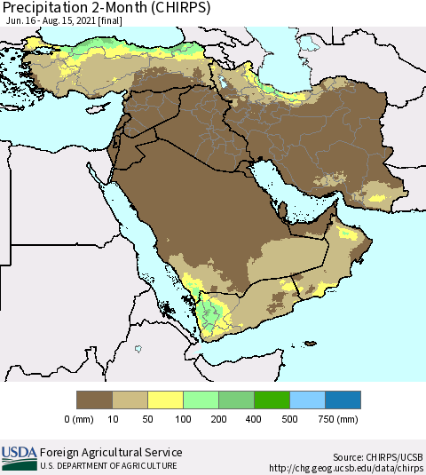 Middle East and Turkey Precipitation 2-Month (CHIRPS) Thematic Map For 6/16/2021 - 8/15/2021