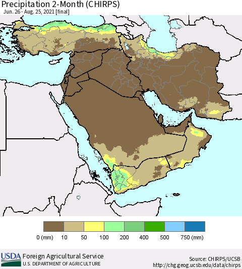 Middle East and Turkey Precipitation 2-Month (CHIRPS) Thematic Map For 6/26/2021 - 8/25/2021