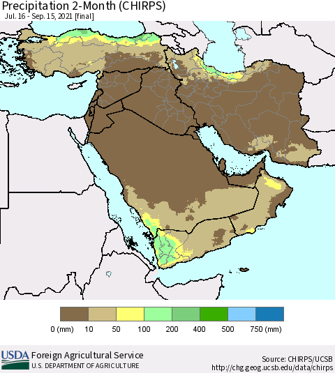 Middle East and Turkey Precipitation 2-Month (CHIRPS) Thematic Map For 7/16/2021 - 9/15/2021