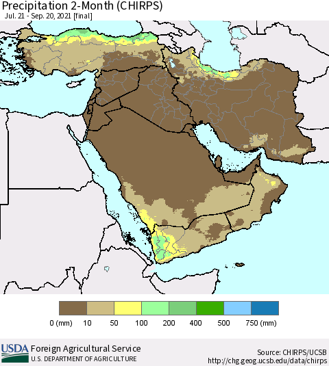 Middle East and Turkey Precipitation 2-Month (CHIRPS) Thematic Map For 7/21/2021 - 9/20/2021