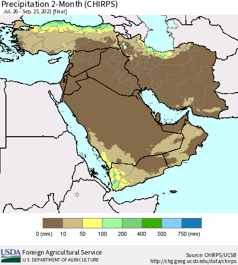 Middle East and Turkey Precipitation 2-Month (CHIRPS) Thematic Map For 7/26/2021 - 9/25/2021