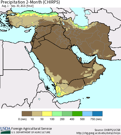 Middle East and Turkey Precipitation 2-Month (CHIRPS) Thematic Map For 8/1/2021 - 9/30/2021