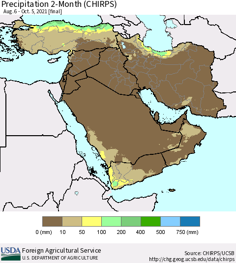 Middle East and Turkey Precipitation 2-Month (CHIRPS) Thematic Map For 8/6/2021 - 10/5/2021