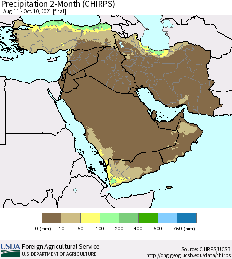 Middle East and Turkey Precipitation 2-Month (CHIRPS) Thematic Map For 8/11/2021 - 10/10/2021