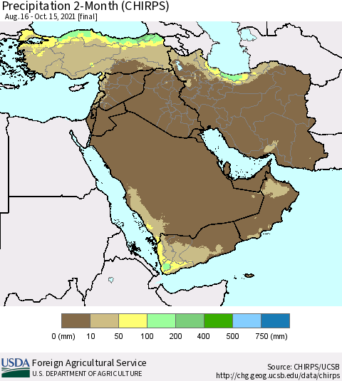 Middle East and Turkey Precipitation 2-Month (CHIRPS) Thematic Map For 8/16/2021 - 10/15/2021