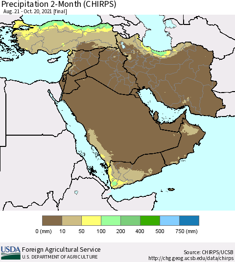 Middle East and Turkey Precipitation 2-Month (CHIRPS) Thematic Map For 8/21/2021 - 10/20/2021