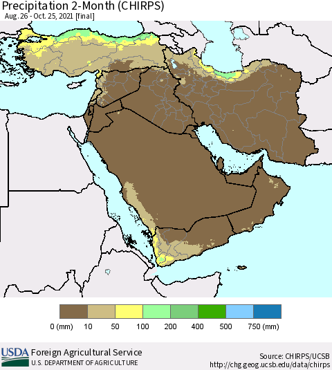 Middle East and Turkey Precipitation 2-Month (CHIRPS) Thematic Map For 8/26/2021 - 10/25/2021