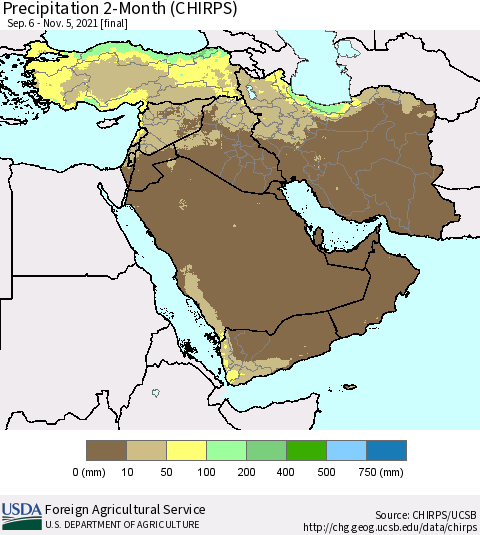 Middle East and Turkey Precipitation 2-Month (CHIRPS) Thematic Map For 9/6/2021 - 11/5/2021