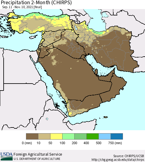Middle East and Turkey Precipitation 2-Month (CHIRPS) Thematic Map For 9/11/2021 - 11/10/2021
