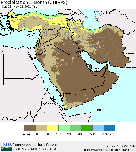 Middle East and Turkey Precipitation 2-Month (CHIRPS) Thematic Map For 9/16/2021 - 11/15/2021