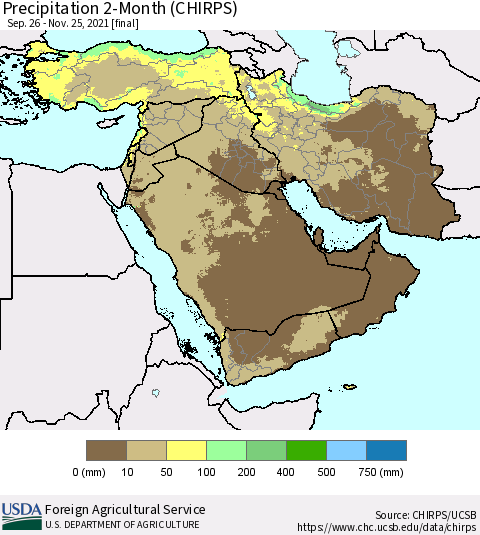 Middle East and Turkey Precipitation 2-Month (CHIRPS) Thematic Map For 9/26/2021 - 11/25/2021
