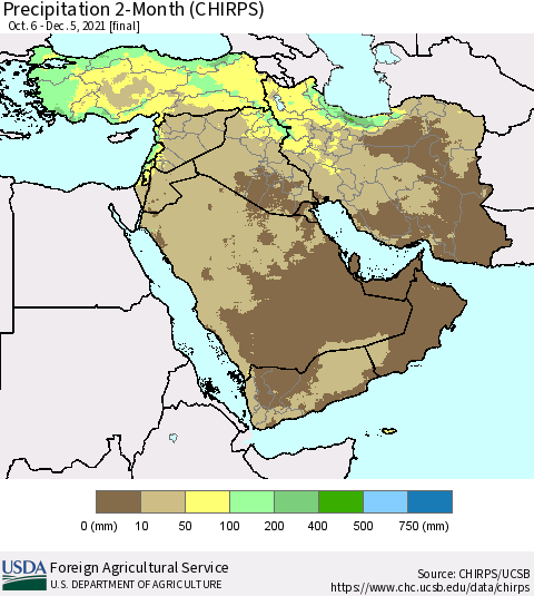 Middle East and Turkey Precipitation 2-Month (CHIRPS) Thematic Map For 10/6/2021 - 12/5/2021