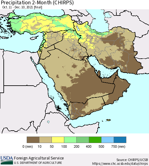 Middle East and Turkey Precipitation 2-Month (CHIRPS) Thematic Map For 10/11/2021 - 12/10/2021