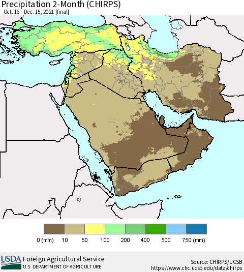 Middle East and Turkey Precipitation 2-Month (CHIRPS) Thematic Map For 10/16/2021 - 12/15/2021