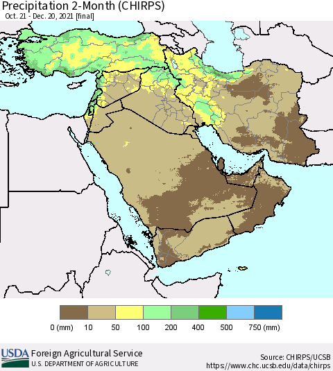 Middle East and Turkey Precipitation 2-Month (CHIRPS) Thematic Map For 10/21/2021 - 12/20/2021