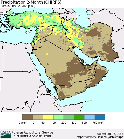 Middle East and Turkey Precipitation 2-Month (CHIRPS) Thematic Map For 10/26/2021 - 12/25/2021