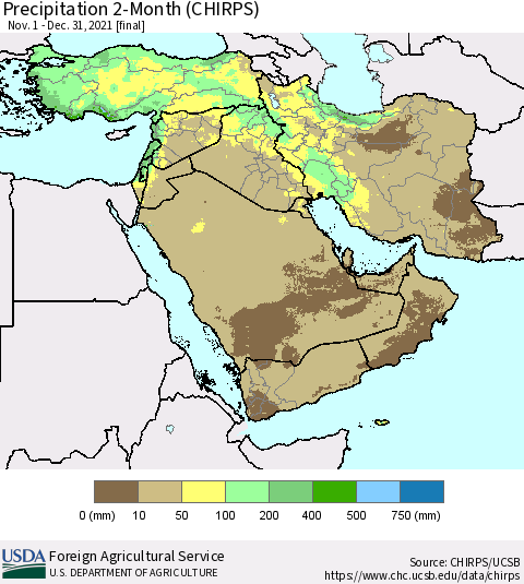 Middle East and Turkey Precipitation 2-Month (CHIRPS) Thematic Map For 11/1/2021 - 12/31/2021