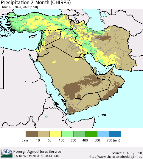 Middle East and Turkey Precipitation 2-Month (CHIRPS) Thematic Map For 11/6/2021 - 1/5/2022
