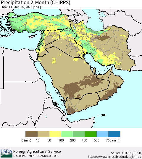 Middle East and Turkey Precipitation 2-Month (CHIRPS) Thematic Map For 11/11/2021 - 1/10/2022