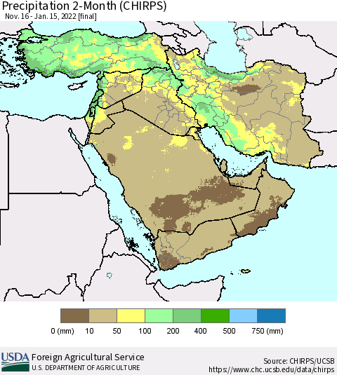 Middle East and Turkey Precipitation 2-Month (CHIRPS) Thematic Map For 11/16/2021 - 1/15/2022