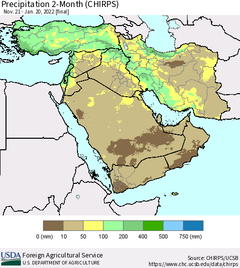 Middle East and Turkey Precipitation 2-Month (CHIRPS) Thematic Map For 11/21/2021 - 1/20/2022