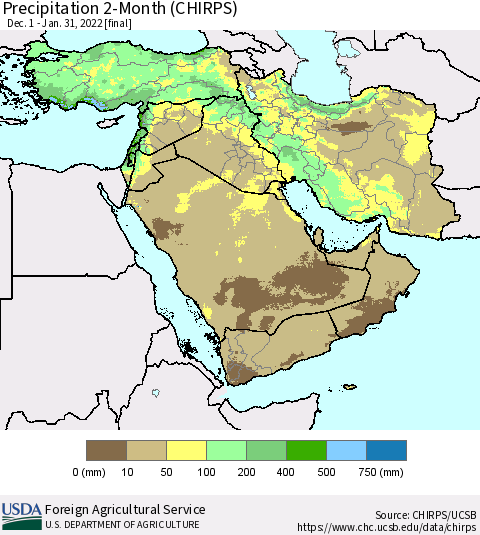 Middle East and Turkey Precipitation 2-Month (CHIRPS) Thematic Map For 12/1/2021 - 1/31/2022