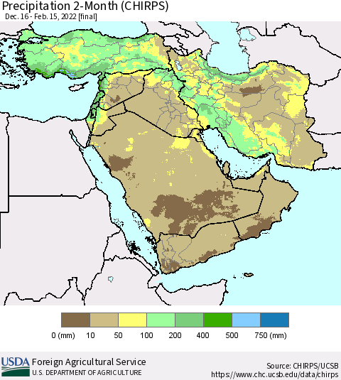 Middle East and Turkey Precipitation 2-Month (CHIRPS) Thematic Map For 12/16/2021 - 2/15/2022