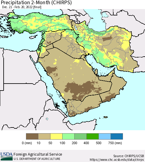 Middle East and Turkey Precipitation 2-Month (CHIRPS) Thematic Map For 12/21/2021 - 2/20/2022