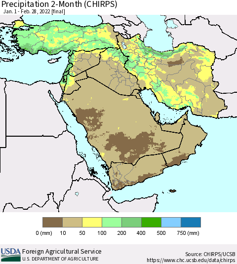 Middle East and Turkey Precipitation 2-Month (CHIRPS) Thematic Map For 1/1/2022 - 2/28/2022