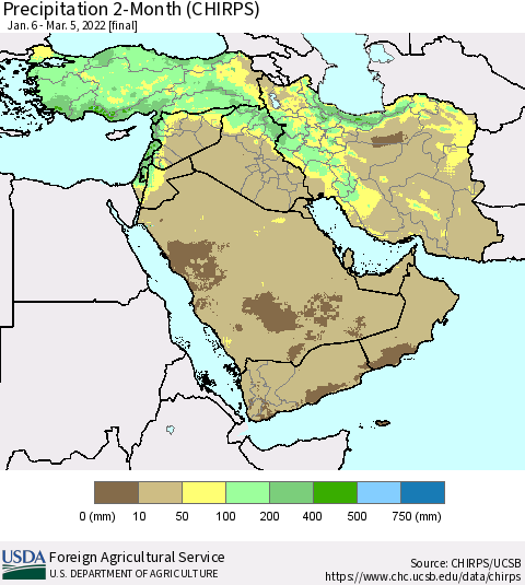 Middle East and Turkey Precipitation 2-Month (CHIRPS) Thematic Map For 1/6/2022 - 3/5/2022