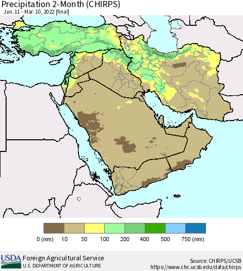 Middle East and Turkey Precipitation 2-Month (CHIRPS) Thematic Map For 1/11/2022 - 3/10/2022