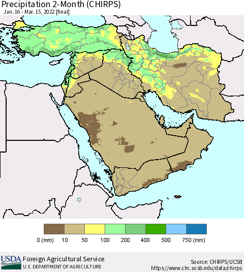 Middle East and Turkey Precipitation 2-Month (CHIRPS) Thematic Map For 1/16/2022 - 3/15/2022