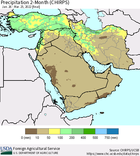 Middle East and Turkey Precipitation 2-Month (CHIRPS) Thematic Map For 1/26/2022 - 3/25/2022