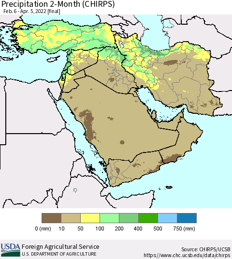 Middle East and Turkey Precipitation 2-Month (CHIRPS) Thematic Map For 2/6/2022 - 4/5/2022