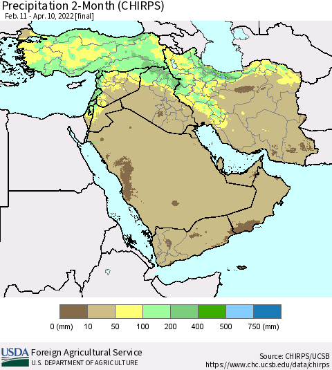 Middle East and Turkey Precipitation 2-Month (CHIRPS) Thematic Map For 2/11/2022 - 4/10/2022