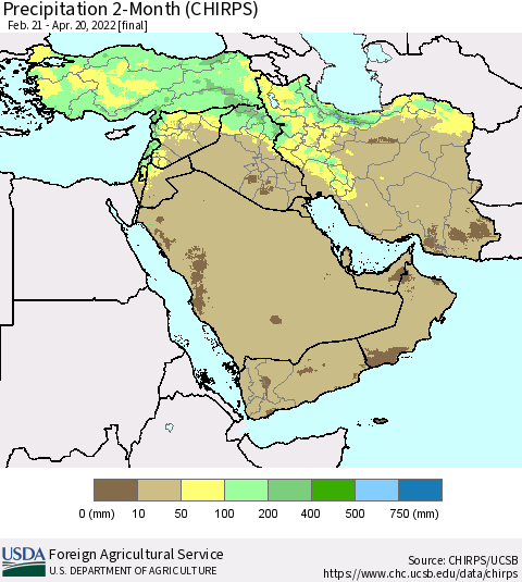 Middle East and Turkey Precipitation 2-Month (CHIRPS) Thematic Map For 2/21/2022 - 4/20/2022