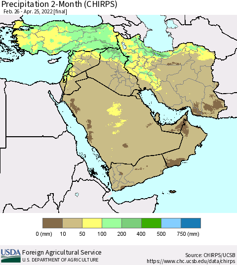 Middle East and Turkey Precipitation 2-Month (CHIRPS) Thematic Map For 2/26/2022 - 4/25/2022