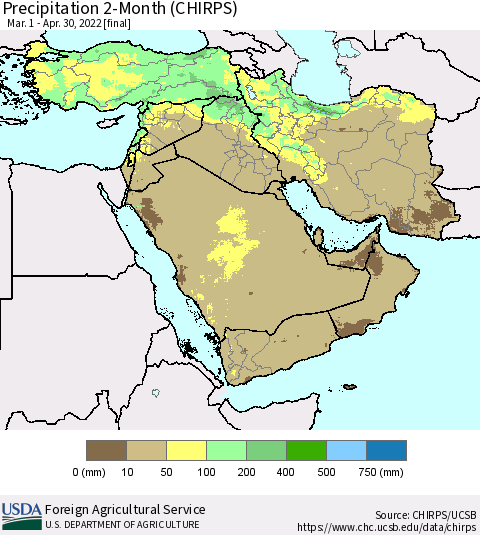 Middle East and Turkey Precipitation 2-Month (CHIRPS) Thematic Map For 3/1/2022 - 4/30/2022