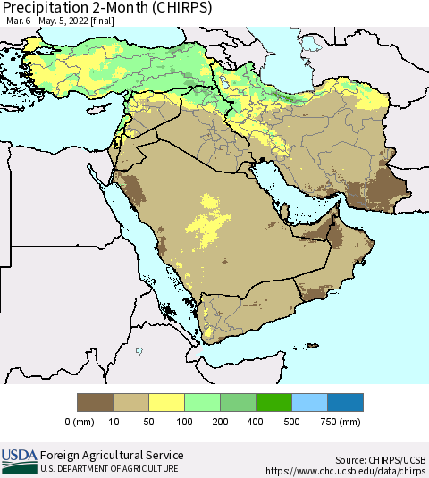 Middle East and Turkey Precipitation 2-Month (CHIRPS) Thematic Map For 3/6/2022 - 5/5/2022