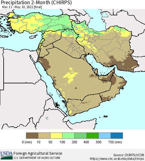 Middle East and Turkey Precipitation 2-Month (CHIRPS) Thematic Map For 3/11/2022 - 5/10/2022