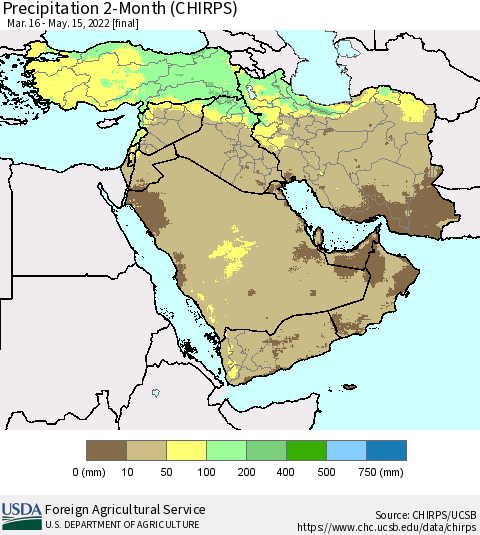 Middle East and Turkey Precipitation 2-Month (CHIRPS) Thematic Map For 3/16/2022 - 5/15/2022