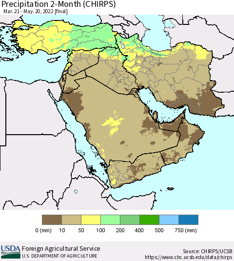 Middle East and Turkey Precipitation 2-Month (CHIRPS) Thematic Map For 3/21/2022 - 5/20/2022
