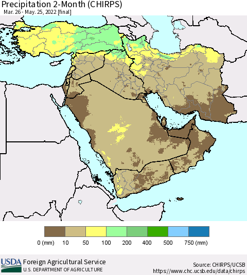 Middle East and Turkey Precipitation 2-Month (CHIRPS) Thematic Map For 3/26/2022 - 5/25/2022