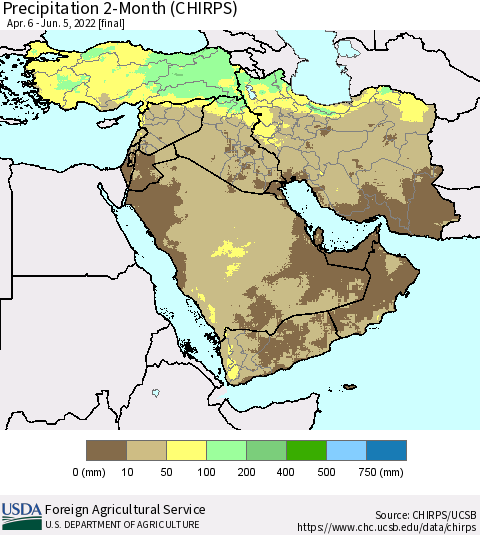 Middle East and Turkey Precipitation 2-Month (CHIRPS) Thematic Map For 4/6/2022 - 6/5/2022
