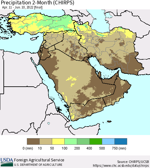 Middle East and Turkey Precipitation 2-Month (CHIRPS) Thematic Map For 4/11/2022 - 6/10/2022