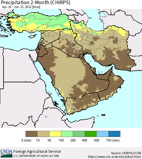 Middle East and Turkey Precipitation 2-Month (CHIRPS) Thematic Map For 4/16/2022 - 6/15/2022