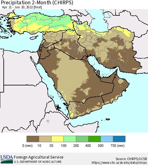 Middle East and Turkey Precipitation 2-Month (CHIRPS) Thematic Map For 4/21/2022 - 6/20/2022