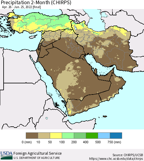 Middle East and Turkey Precipitation 2-Month (CHIRPS) Thematic Map For 4/26/2022 - 6/25/2022